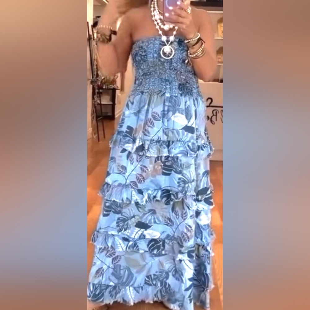 Blue Strapless Maxi Dress with Leaf Print